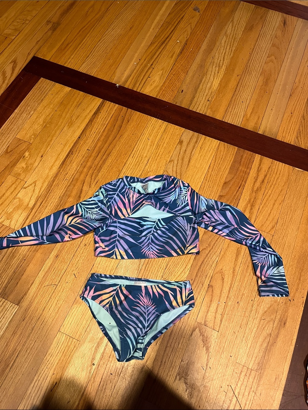 Kids Long Sleeve Two-Piece Swimsuit - Navy with Pink & Teal Leaf Print